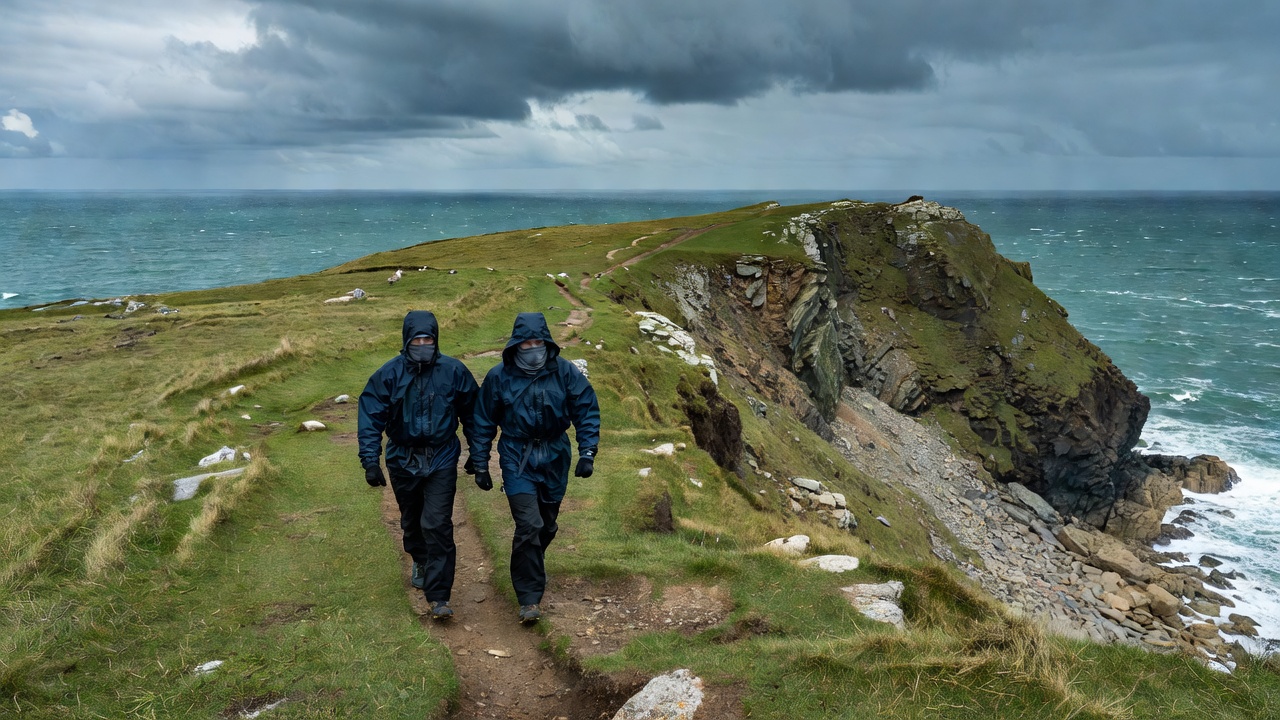 Two hikers wearing windproof shells and neck gaiters walking along an exposed grassy coastal headland