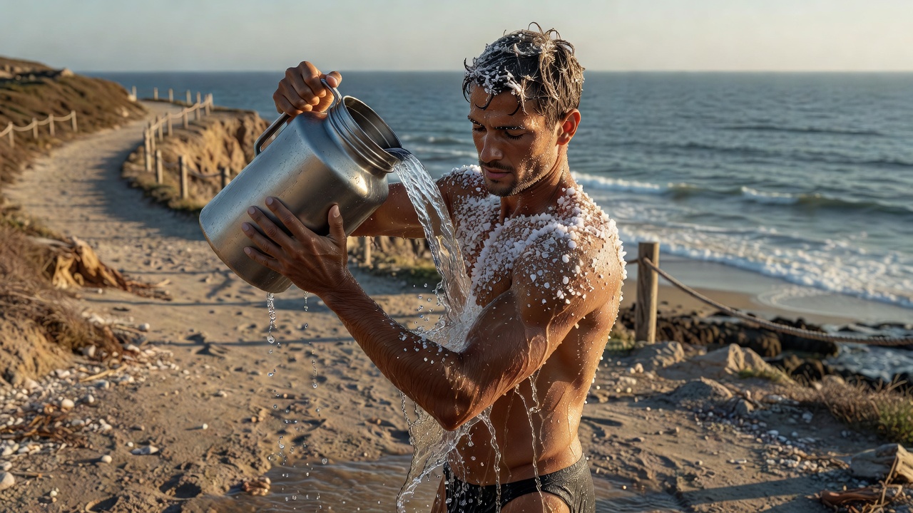Ocean swimmer pouring fresh water from a reusable jug over salt-crusted shoulders by a coastal path